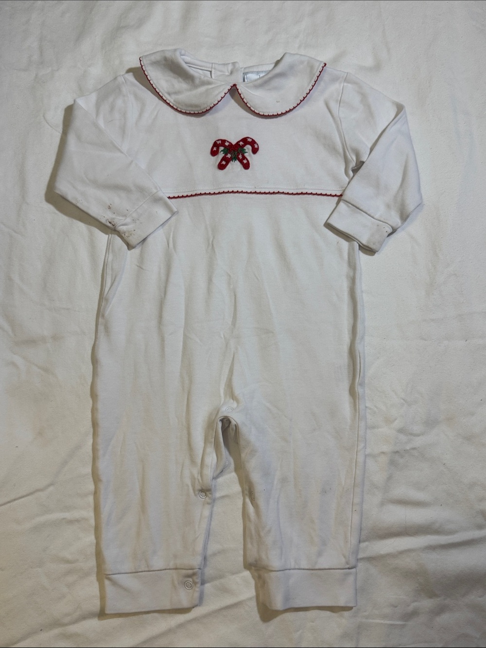 Little English White Playsuit with Red Trim and Candy Cane Crochet - 12 months